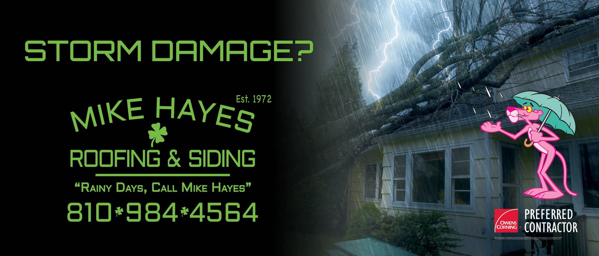 Storm damage roofing ad with a house and a pink roofer mascot.