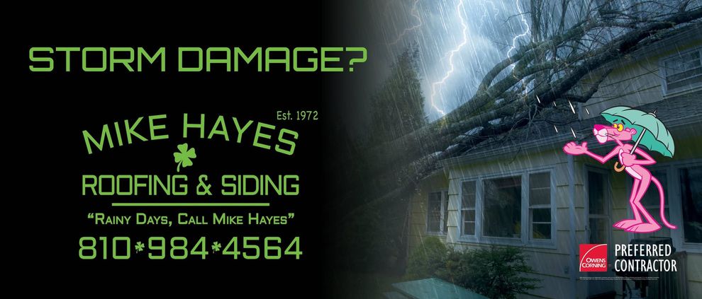 Storm damage roofing ad with a house and a pink roofer mascot.