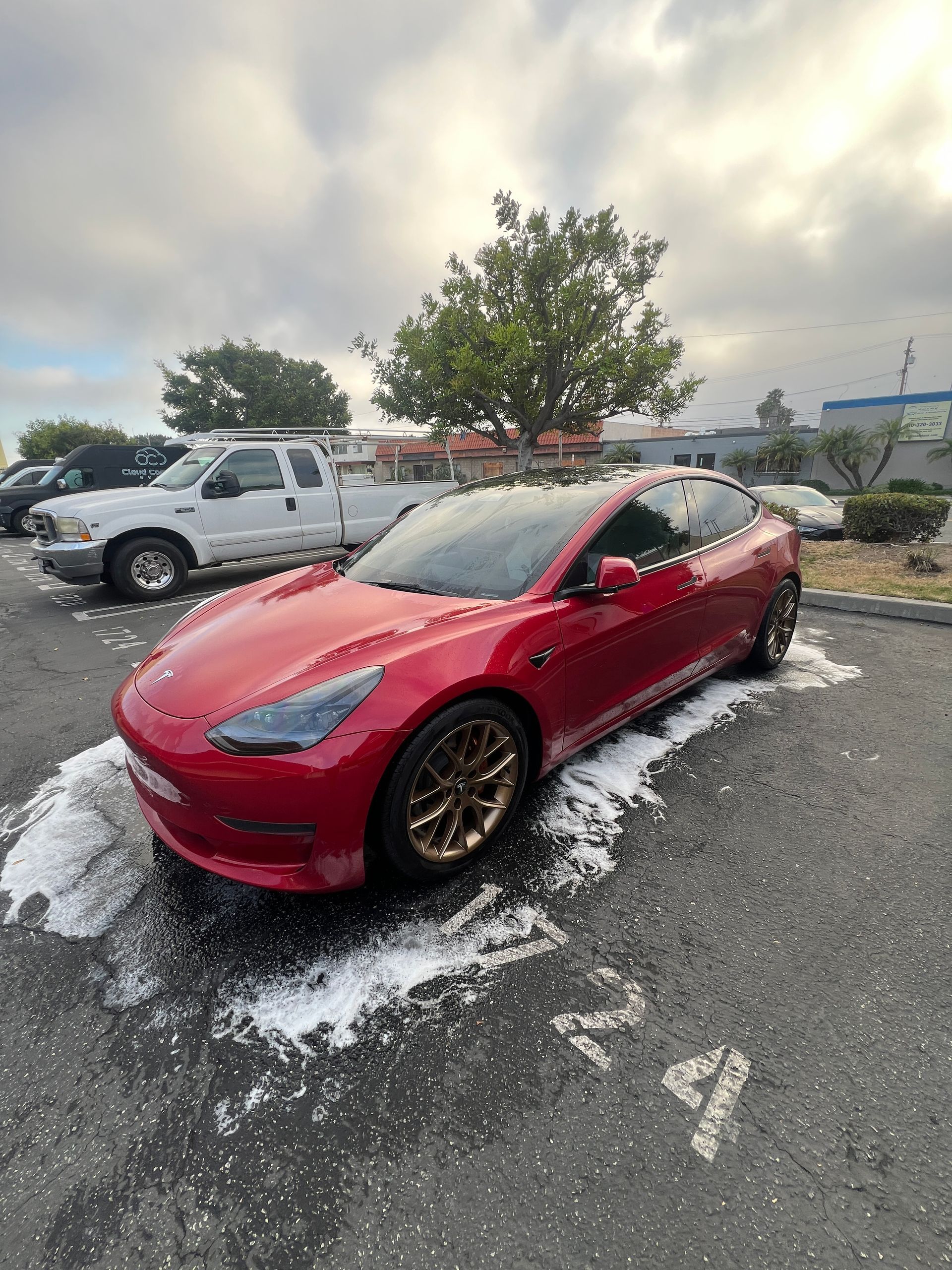 Red Tesla sedan parked in a wet lot beside a white pickup truck, with snow around the tires.