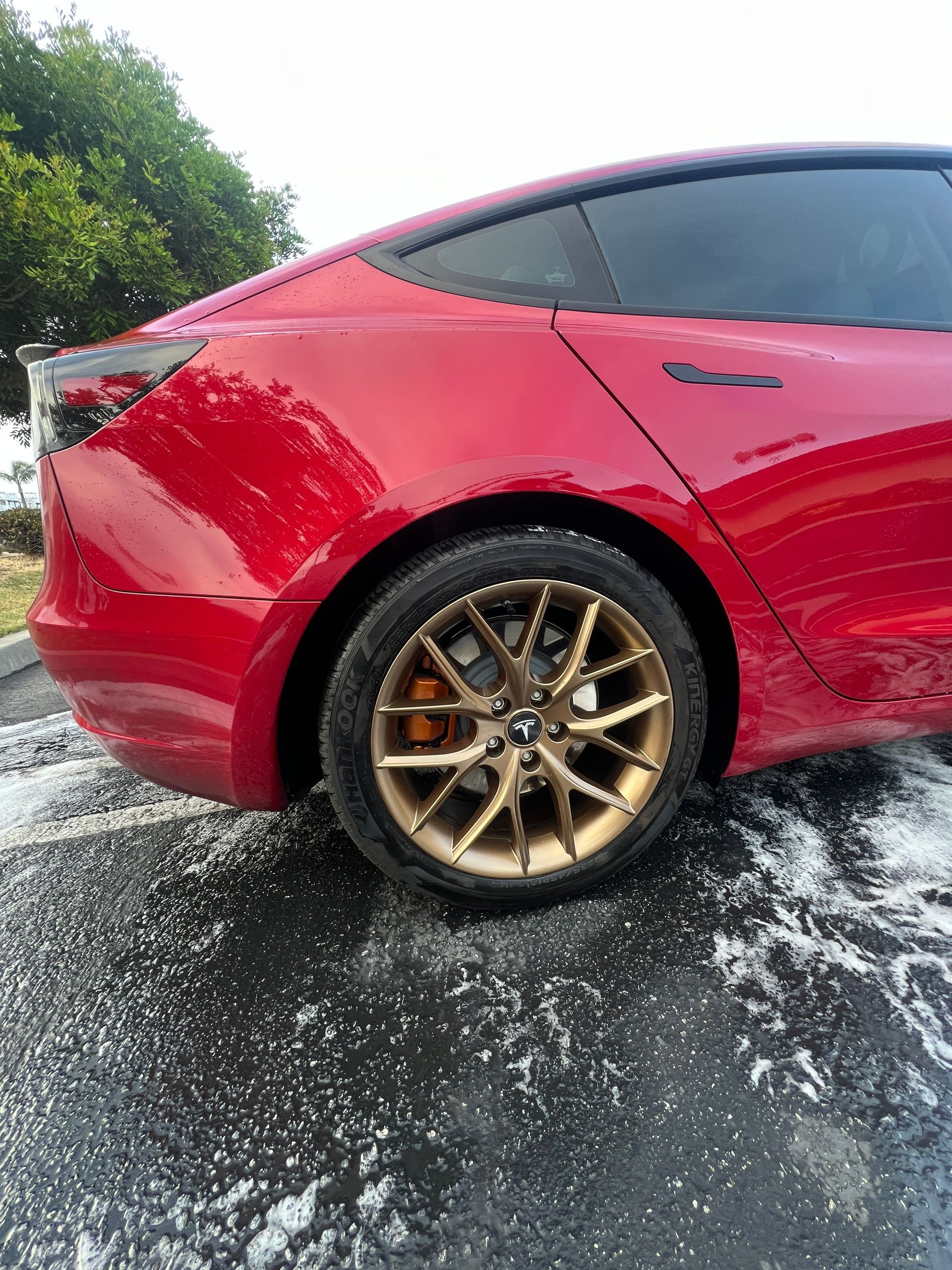 Red sports car parked on wet pavement, showing the rear side and gold wheel.