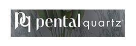 A logo for Pental Quartz with a picture of flowers in the background
