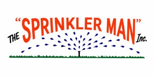 Logo for “The Sprinkler Man, Inc.” with blue sprinkler spray over green grass and red lettering