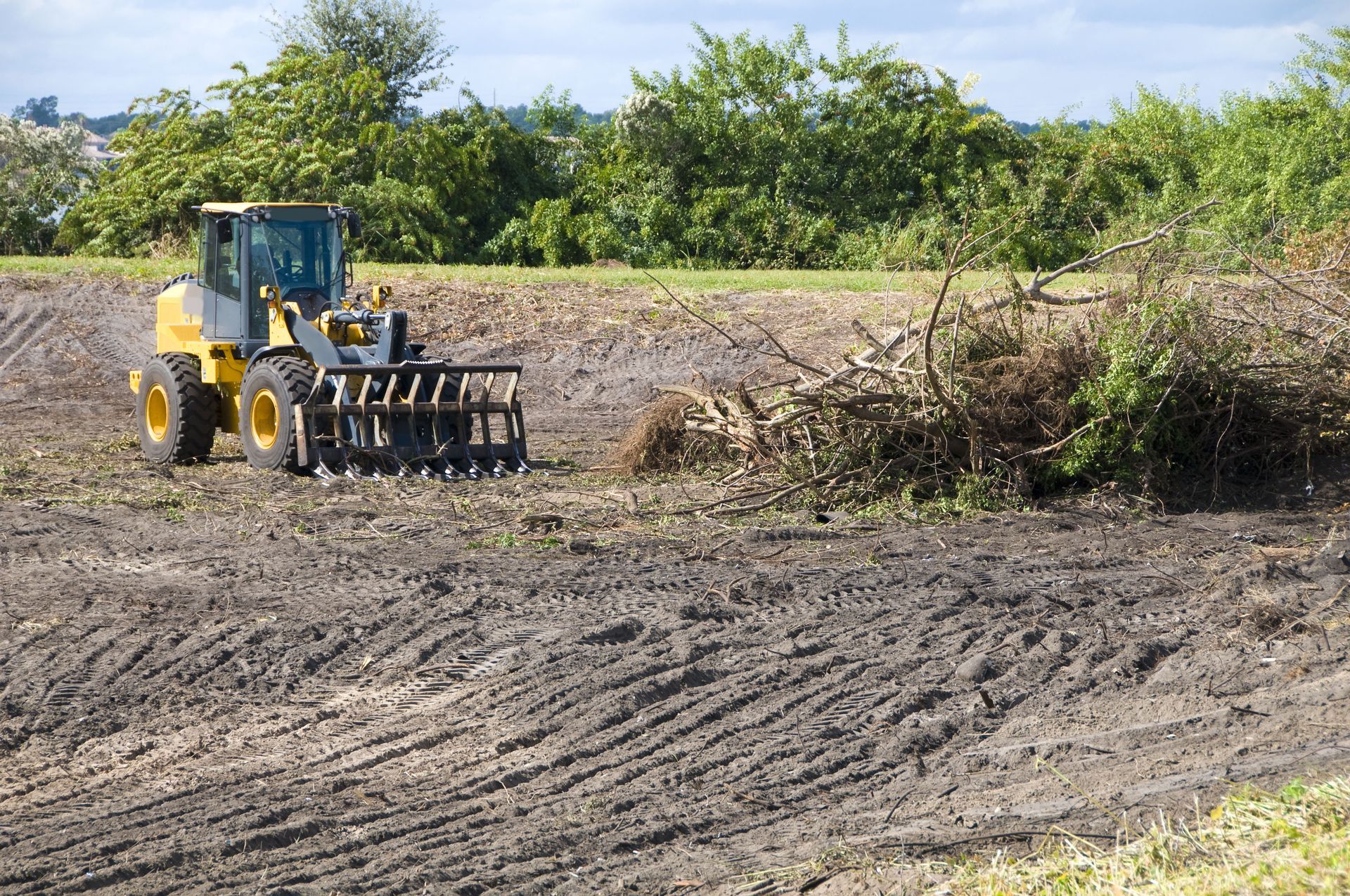 Yellow bulldozer clearing a muddy field near a pile of brush and trees