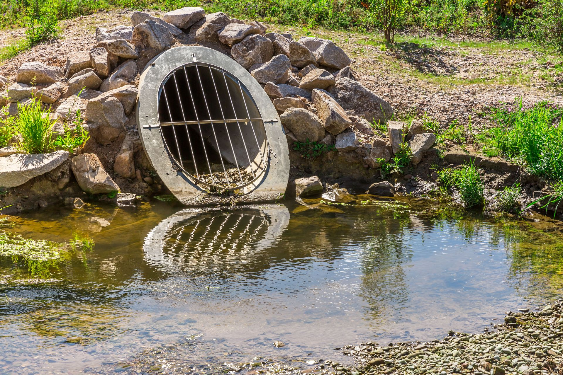 Concrete drainage pipe with metal grate beside a shallow stream, reflecting in the water.