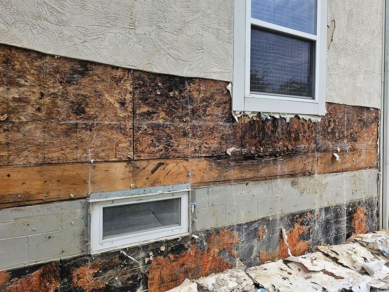 Exterior house wall with stucco removed, exposing heavily water-damaged and rotting wood sheathing around a basement window.