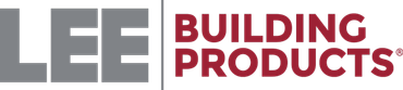 The logo for lee building products is gray and red