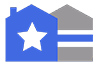 A logo featuring a blue house silhouette with a white star and a gray house silhouette with two horizontal blue lines.