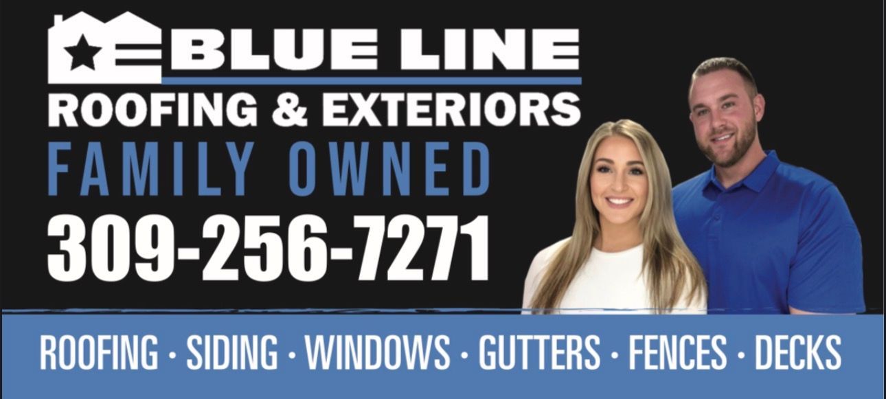 Advertisement for Blue Line Roofing & Exteriors, includes two people, phone number, and a list of services.