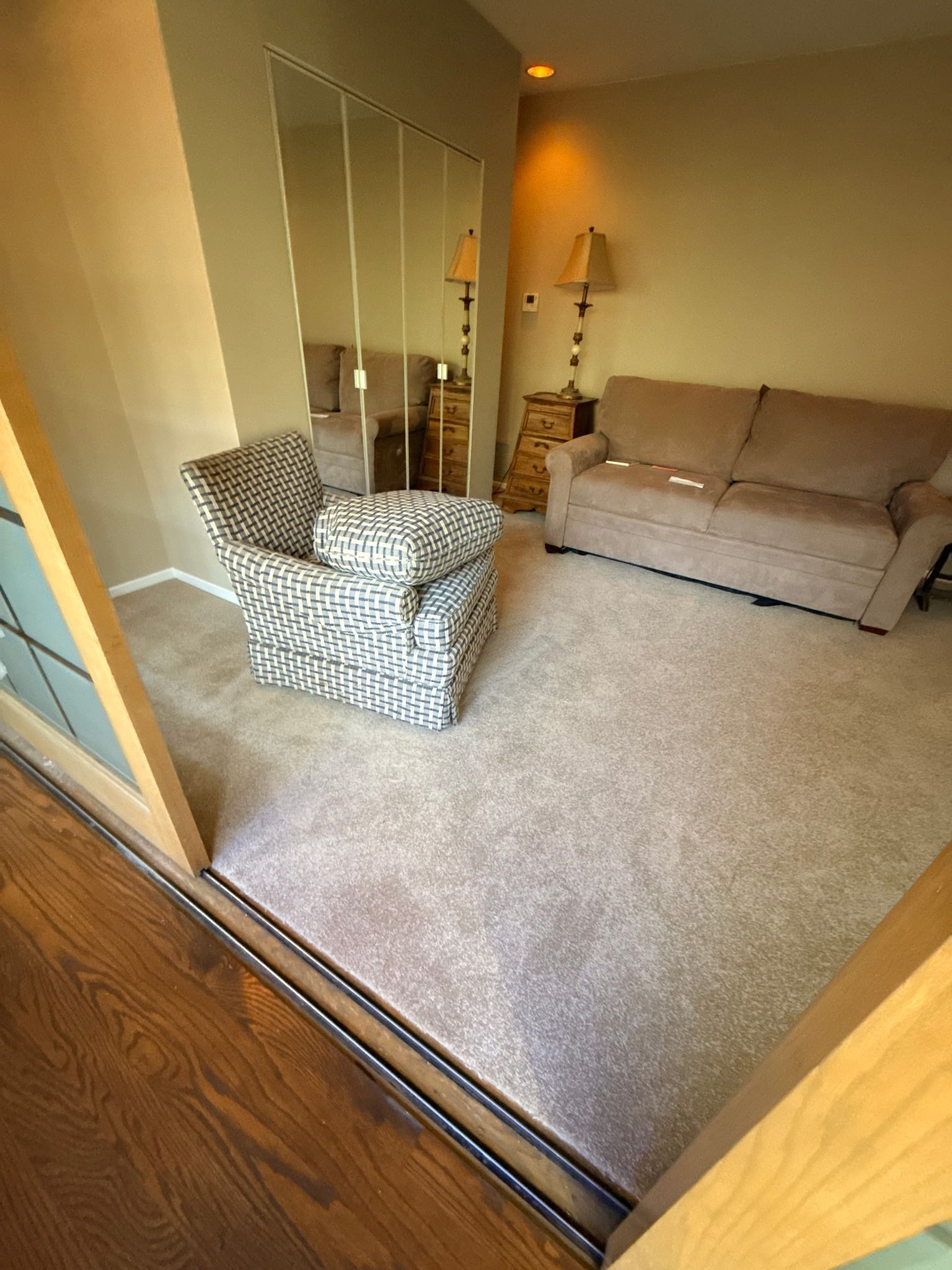 A living room with a patterned armchair, a beige sofa, a tall mirrored closet, and a floor lamp on beige carpet.