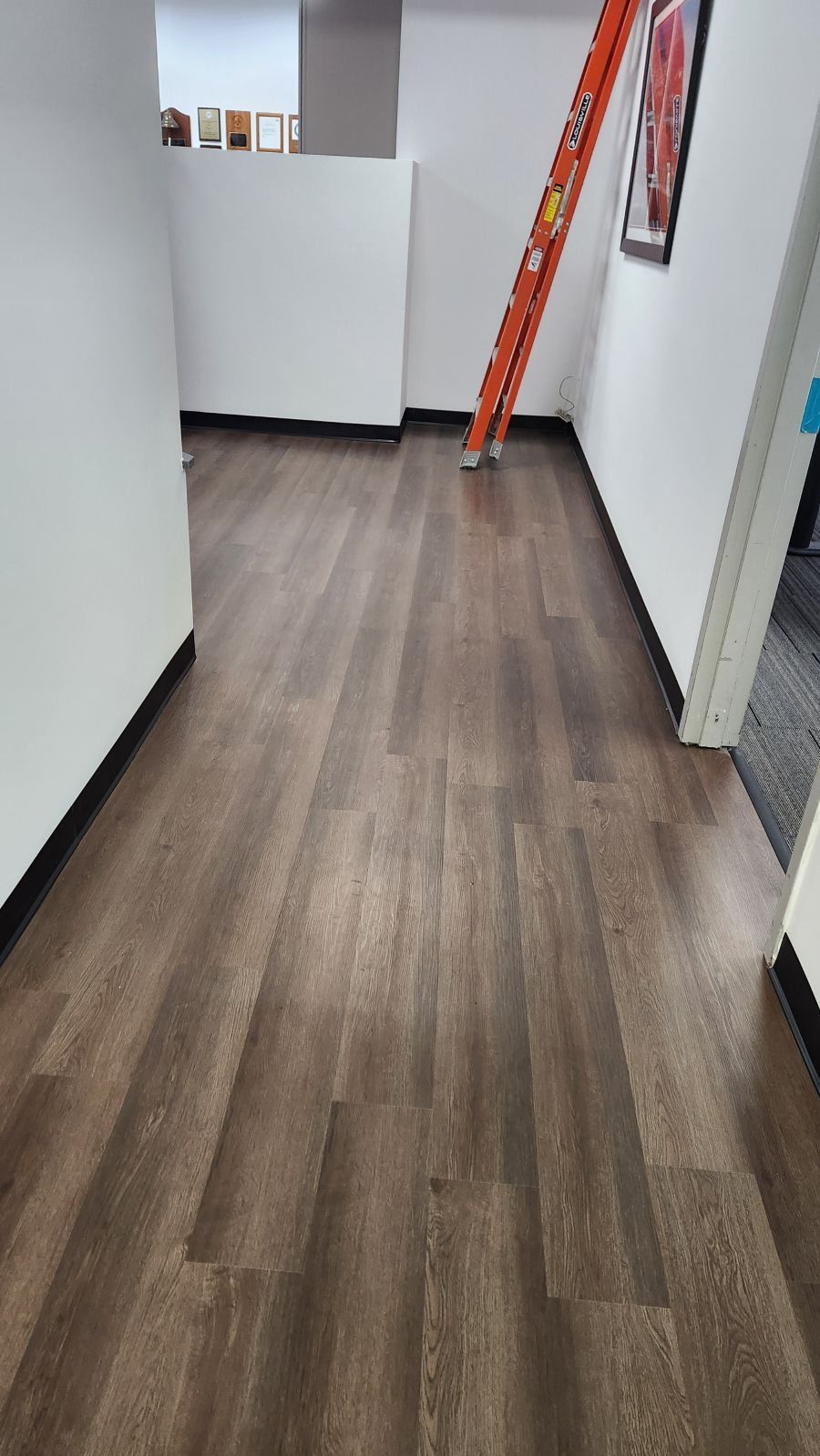 An office hallway featuring dark brown wood-look flooring, white walls, and an orange ladder standing near the back wall.