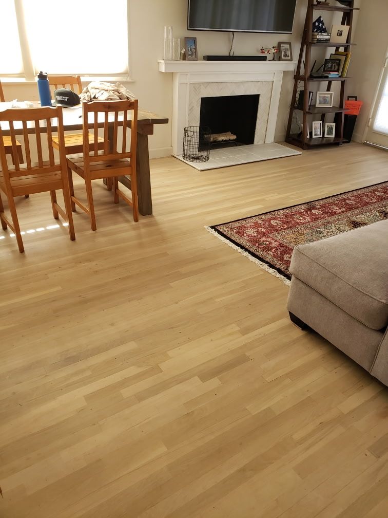 A bright living and dining room with light hardwood floors, a dining set, a fireplace with a TV, and a patterned rug.
