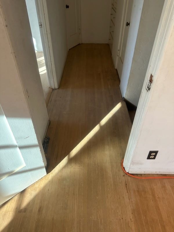A sunlit hallway with light wood flooring, featuring multiple white doors and a visible wall outlet.