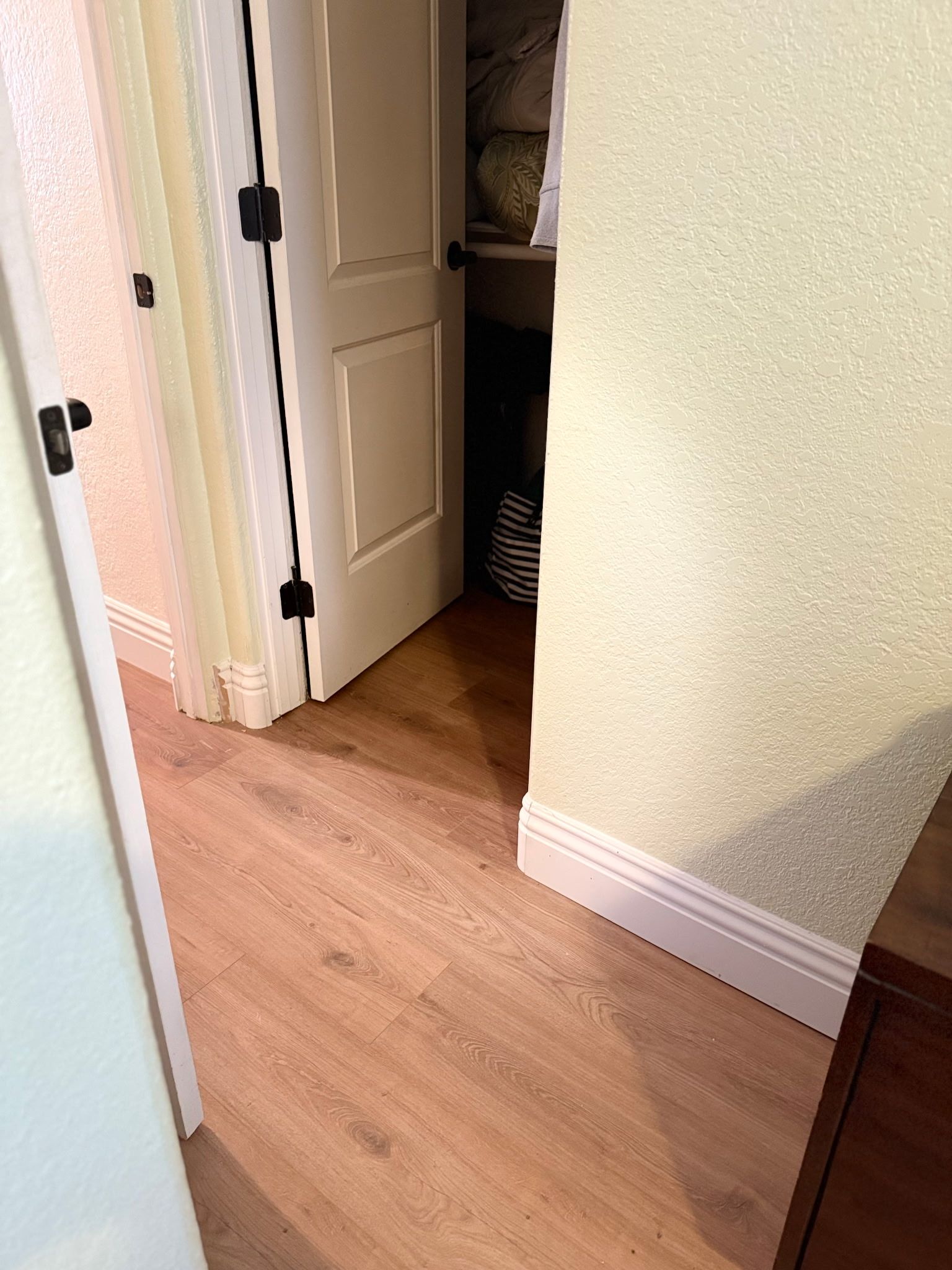 A view into a hallway with light wood flooring, beige walls, white trim, and a door partially open to a storage closet.