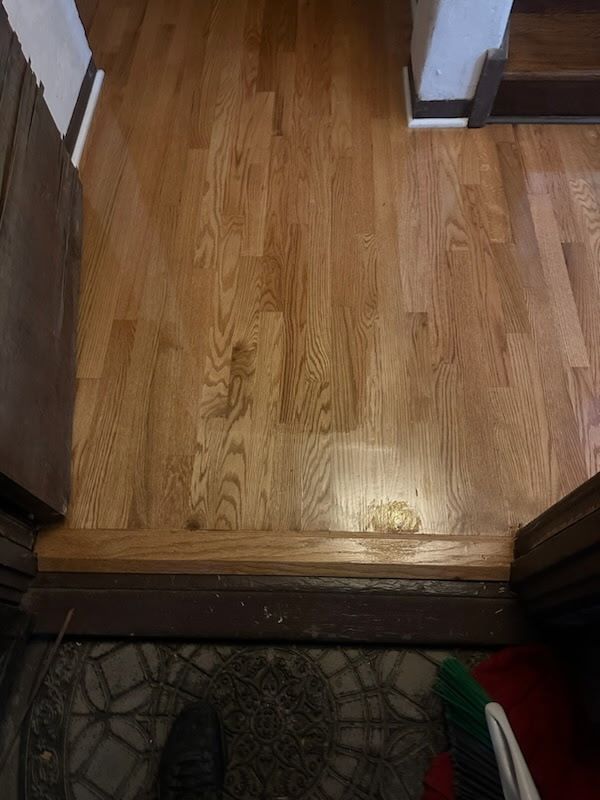 A wooden threshold bridge transitioning from a dark floor covering to light oak hardwood flooring in a hallway.