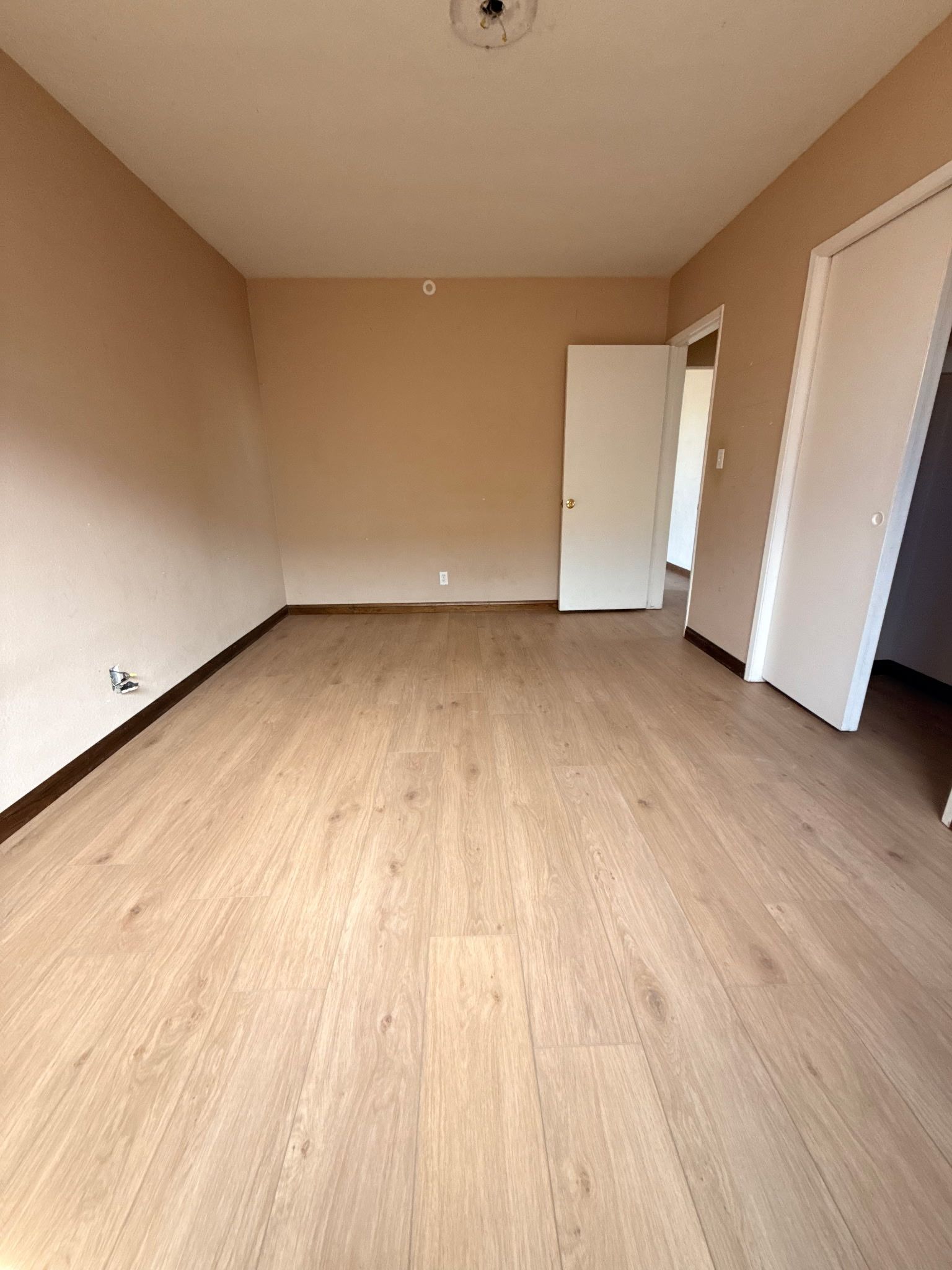 An empty room with light wood-look flooring, beige walls, a white ceiling, and two open white doors.