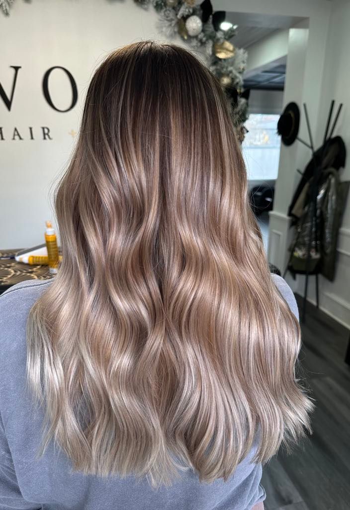 Woman with wavy, light brown hair with a dark root and blonde ends. The hair is in front of a hair salon backdrop.