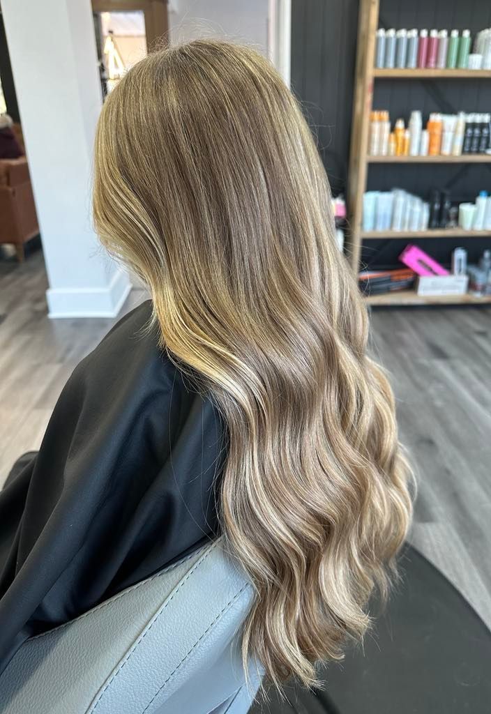 Woman with long, wavy blonde hair sits in a salon chair, wearing a black salon cape.