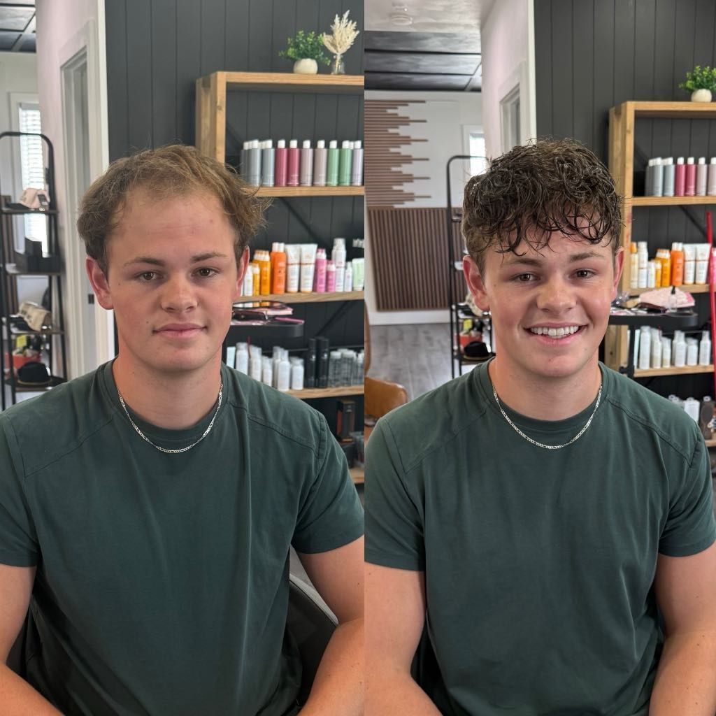 A young man with a green shirt gets a haircut. Before: short, thin hair; after: curly, styled hair.