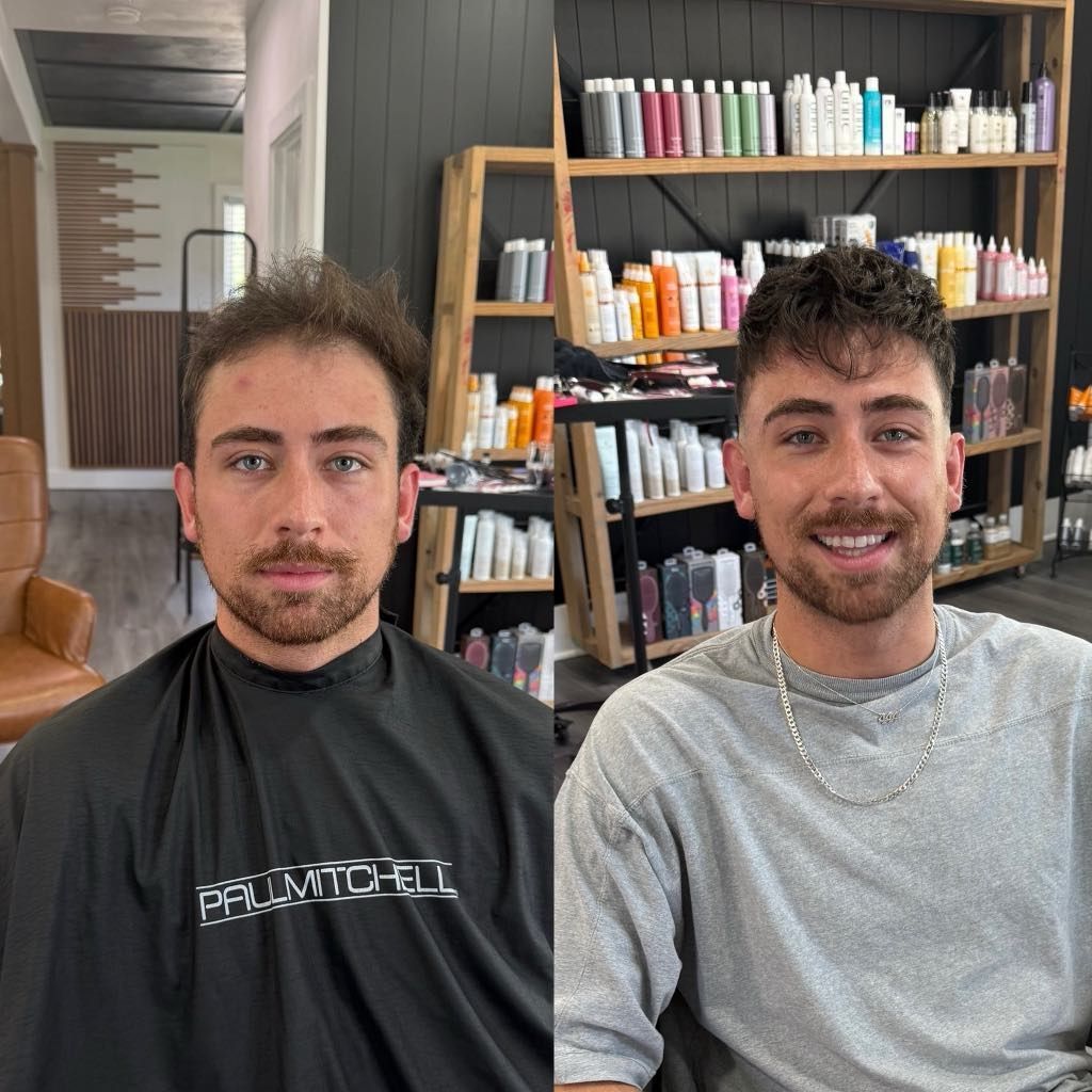 Before and after photos of a man with a new haircut. In the after photo, he smiles with his new curly hairstyle. The setting is a salon.