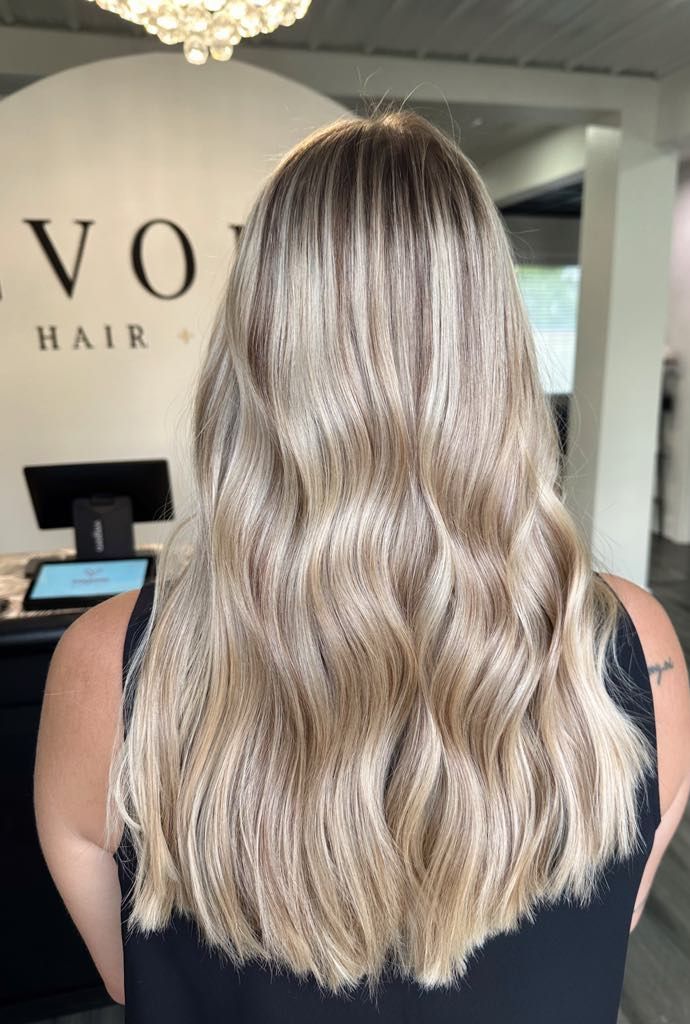 Woman with long wavy blonde hair, possibly highlighted, standing in a hair salon. The salon has a black and white sign.