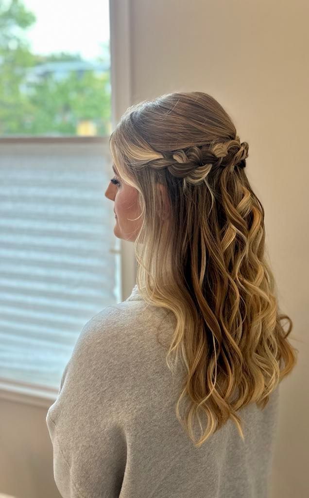 Woman with wavy blonde hair, a side braid, and half updo, looking out a window.