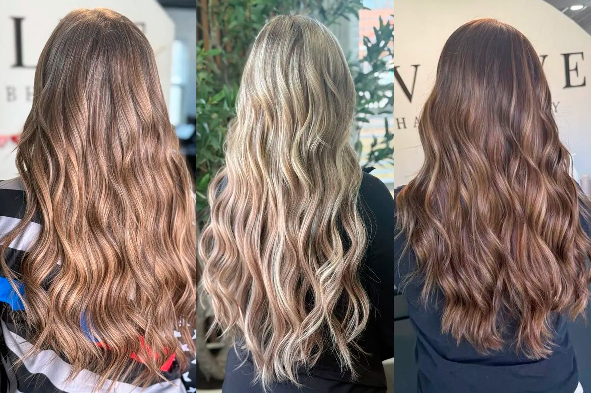 A comparison of three long hairstyles with varying wave textures and hair colors ranging from light blonde to dark brown.