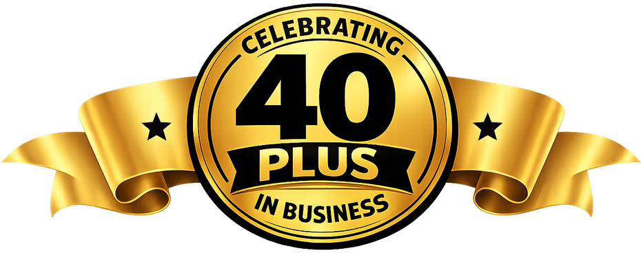 Gold emblem celebrating 40+ years in business, with ribbon and stars.