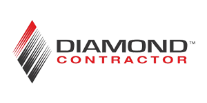 Logo of Diamond Contractor, a diamond shape with red and black stripes and text, 