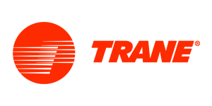 Trane logo: Orange circle with horizontal lines, next to red text reading 