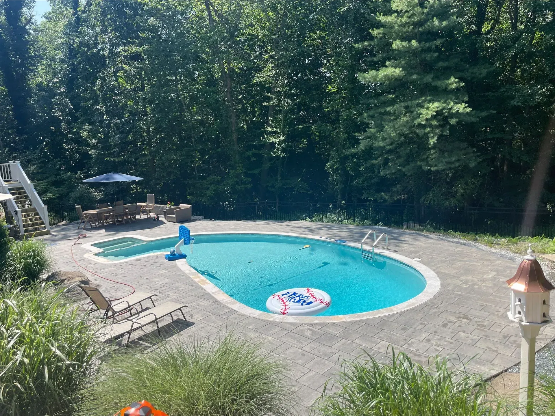 A large swimming pool in a backyard surrounded by trees