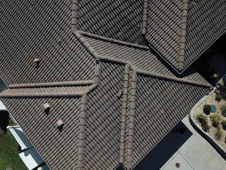 An aerial view of the roof of a house
