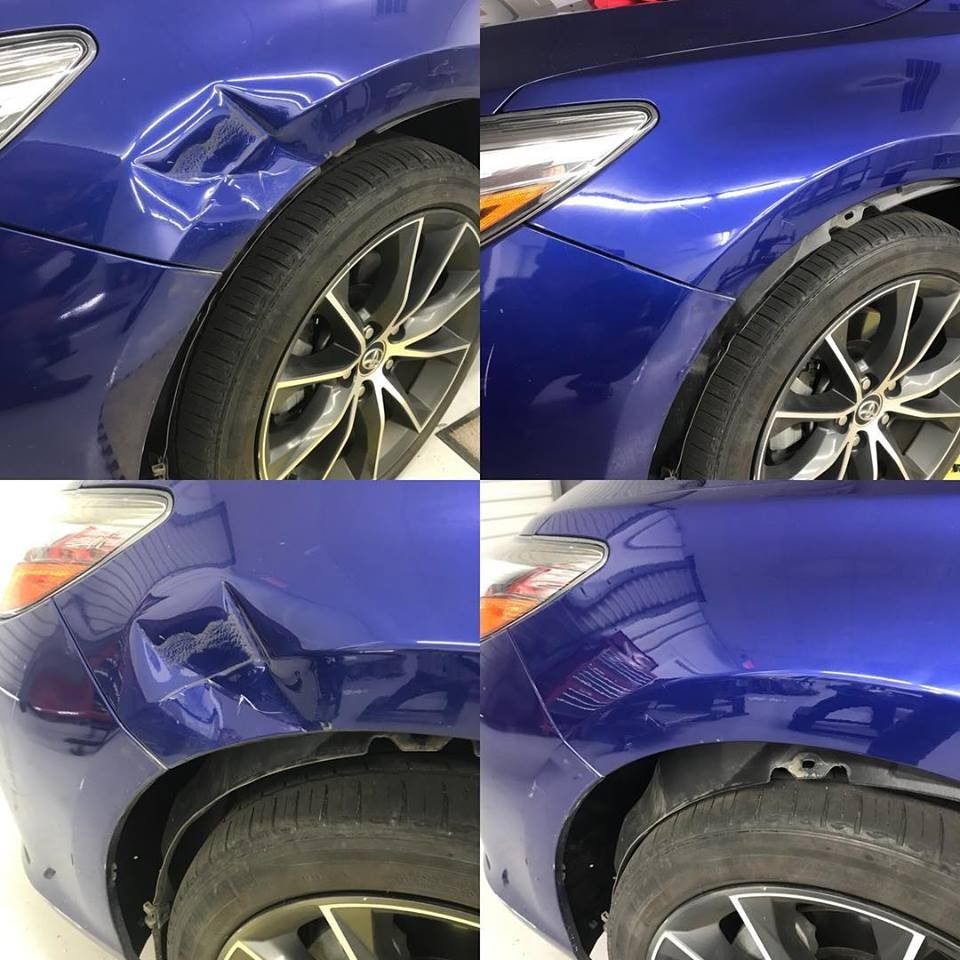 Blue car fender dent repair, before and after.