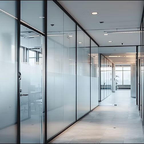 Modern glass office hallway with frosted partitions and bright ceiling lights