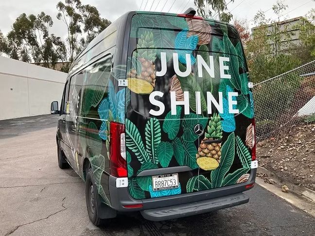 A green van with leafy mural and “JUNE SHINE” text parked on a road