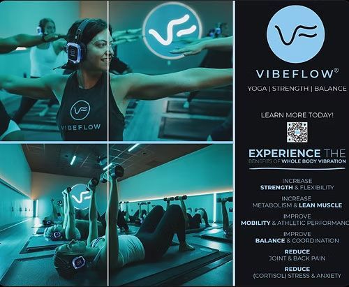 Teal VibeFlow gym ad with people exercising in a fitness studio and brand logo, featuring workout classes.