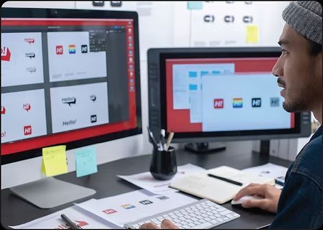 Person working at a desk with dual monitors displaying website layouts and icons