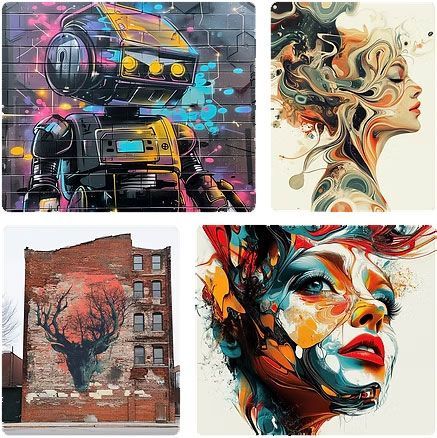 Four art images: a robot, abstract profile, brick building, and colorful painted face