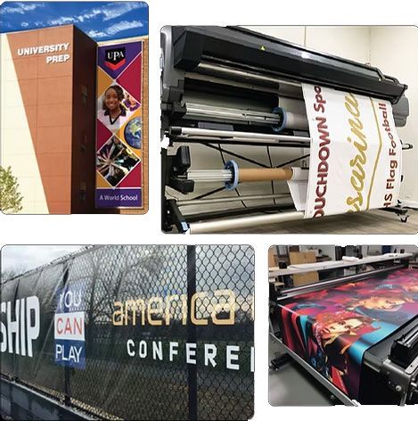 Collage of large-format printed signs and banners in a print shop, including a roll-fed printer and branded graphics