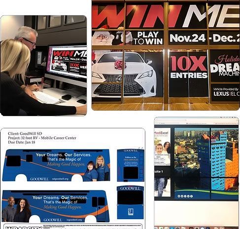 Collage of marketing banners and ads, including a desktop computer screen and a postal truck wrap design