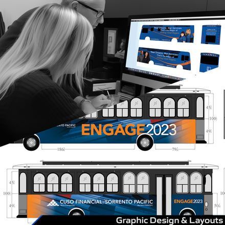 Designer reviewing blue-and-orange ENGAGE 2023 bus wrap mockups on a computer screen