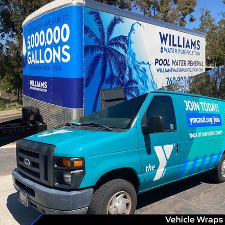 Teal utility truck with bold white branding parked beside a blue pool water tank wrap.