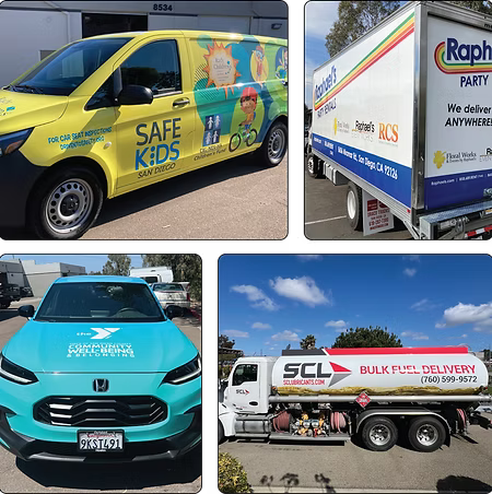 Collage of four branded service vans and trucks in yellow, white, teal, and red liveries