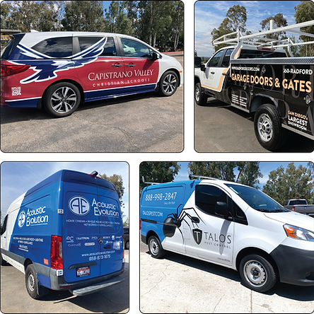 Four business service vans parked outdoors, each with company logos and branded wraps