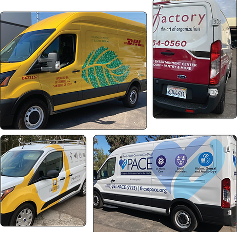Collage of branded service vans with yellow, white, and silver wraps parked outdoors