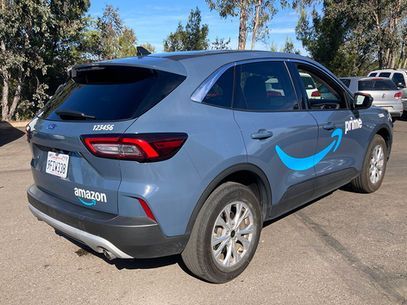 Blue Amazon delivery SUV parked outdoors on a sunny road, rear view