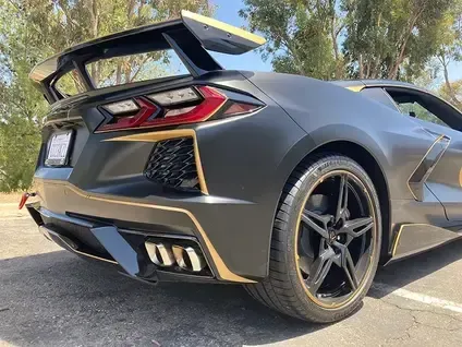 Gray sports car viewed from the rear, parked outdoors on a dirt road