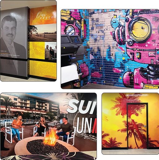 Collage of colorful mural, fire pit lounge, sunset room art, and portrait display in a modern venue