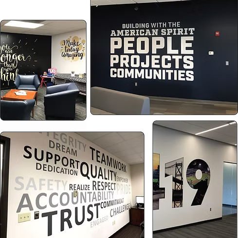 Office lobby with motivational wall graphics, lounge seating, and a hallway marked “19”