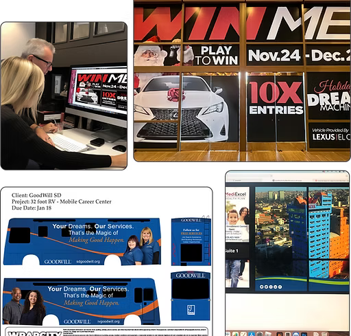 Collage of car showroom and service center promo signs, posters, and a customer at a computer kiosk