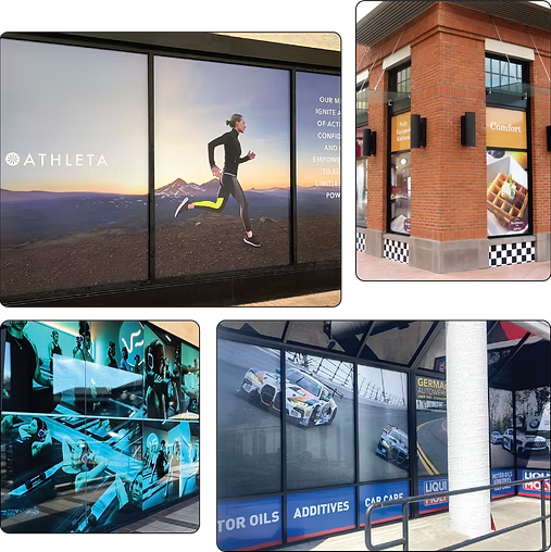 Brand store window displays with large fashion and auto-themed promotional graphics and signage
